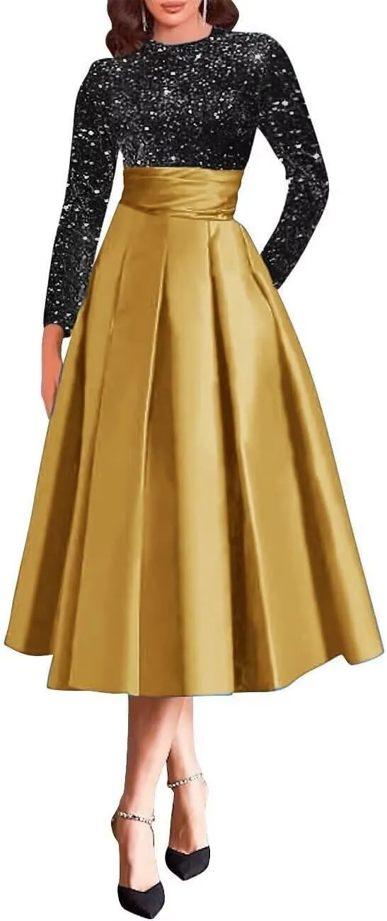 Mother of The Bride Dress for Wedding with Pocket Tea Length Satin Prom Dress Long Sleeve Formal Party Gowns