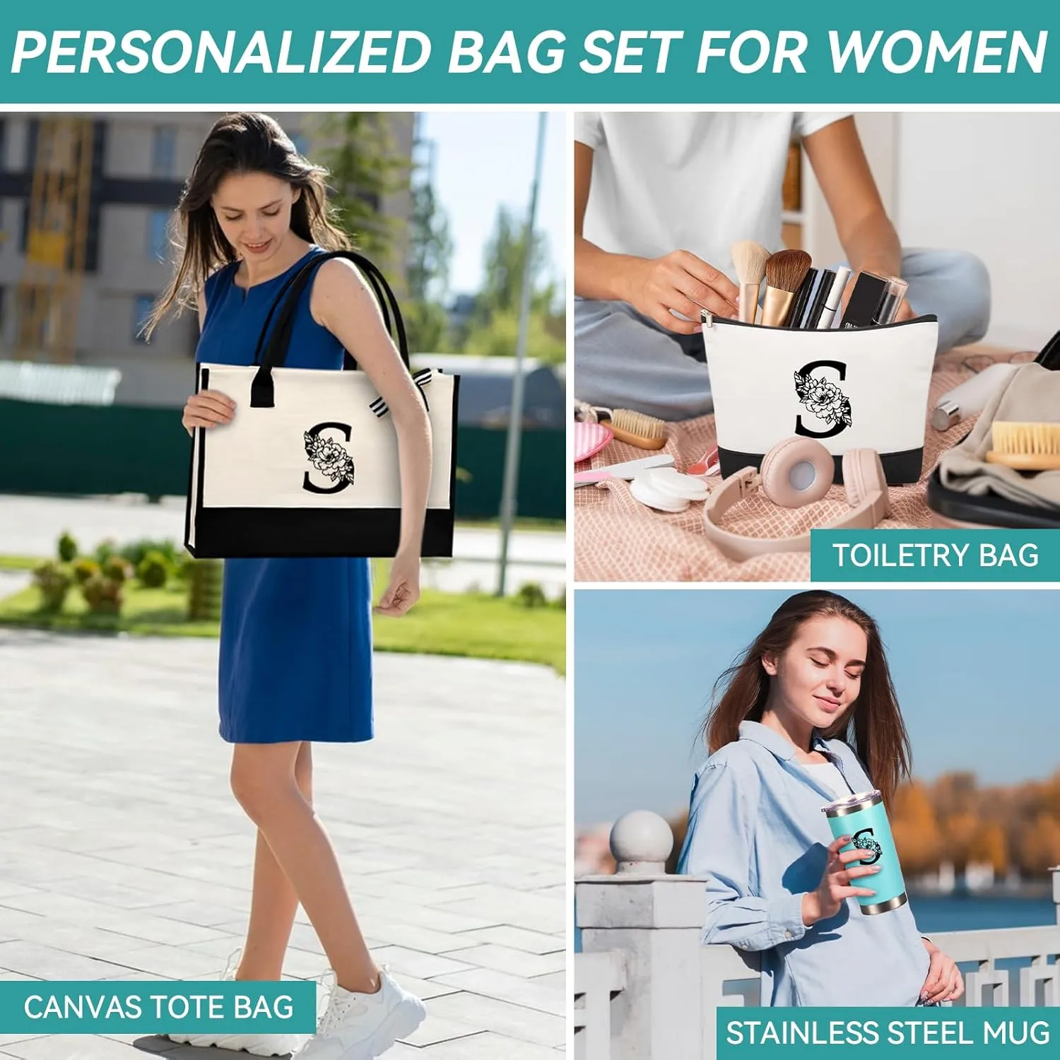 Mother's Day Gifts for Women Her - Initial Canvas Tote Bag & Makeup Bag, Personalized Birthday Gifts for Mom