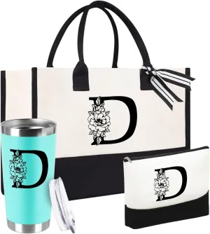 Mother's Day Gifts for Women Her - Initial Canvas Tote Bag & Makeup Bag, Personalized Birthday Gifts for Mom