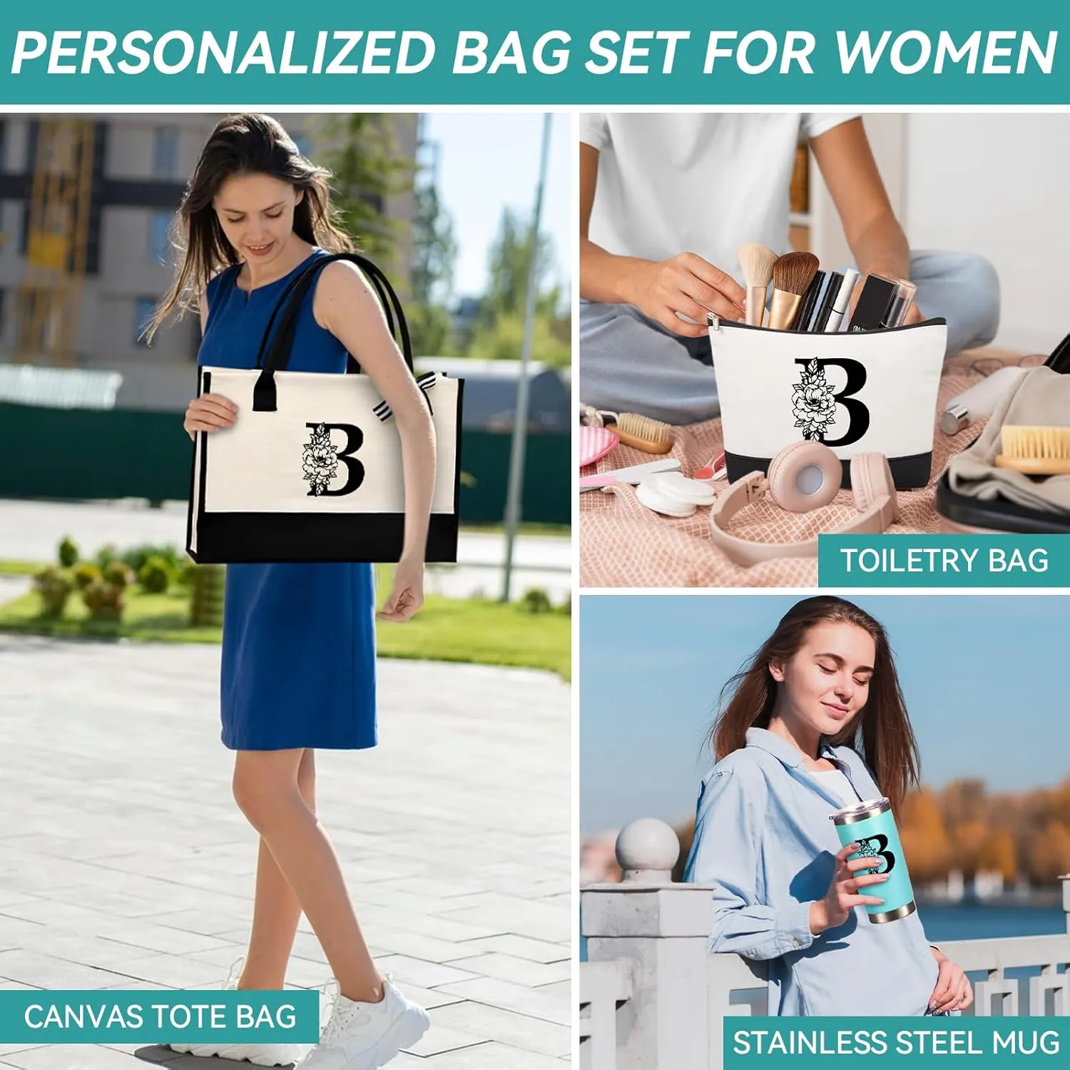 Mother's Day Gifts for Women Her - Initial Canvas Tote Bag & Makeup Bag, Personalized Birthday Gifts for Mom