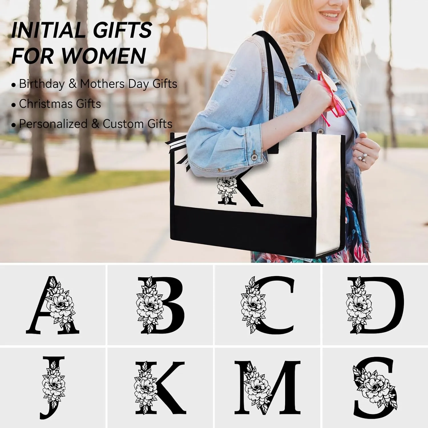 Mother's Day Gifts for Women Her - Initial Canvas Tote Bag & Makeup Bag, Personalized Birthday Gifts for Mom