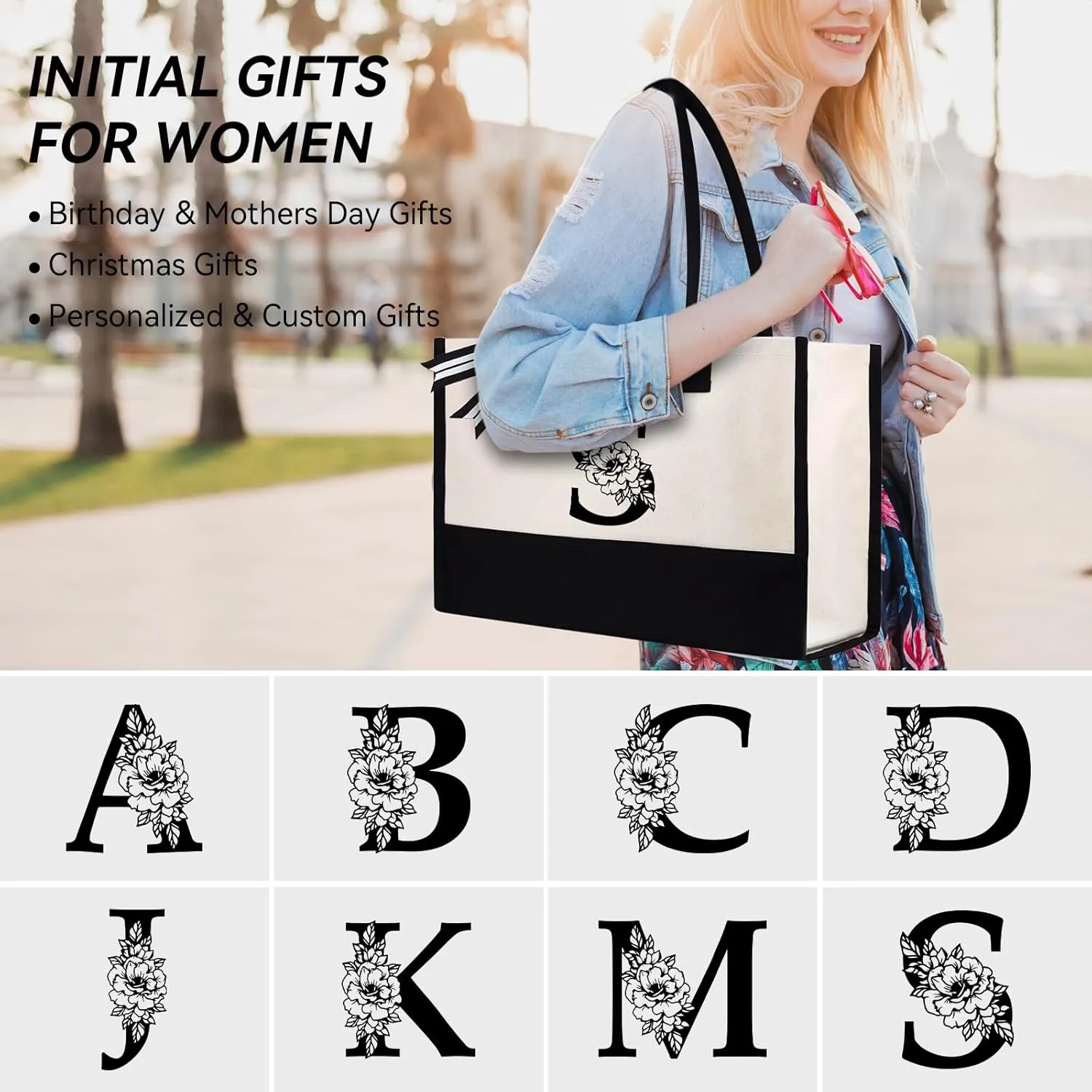 Mother's Day Gifts for Women Her - Initial Canvas Tote Bag & Makeup Bag, Personalized Birthday Gifts for Mom