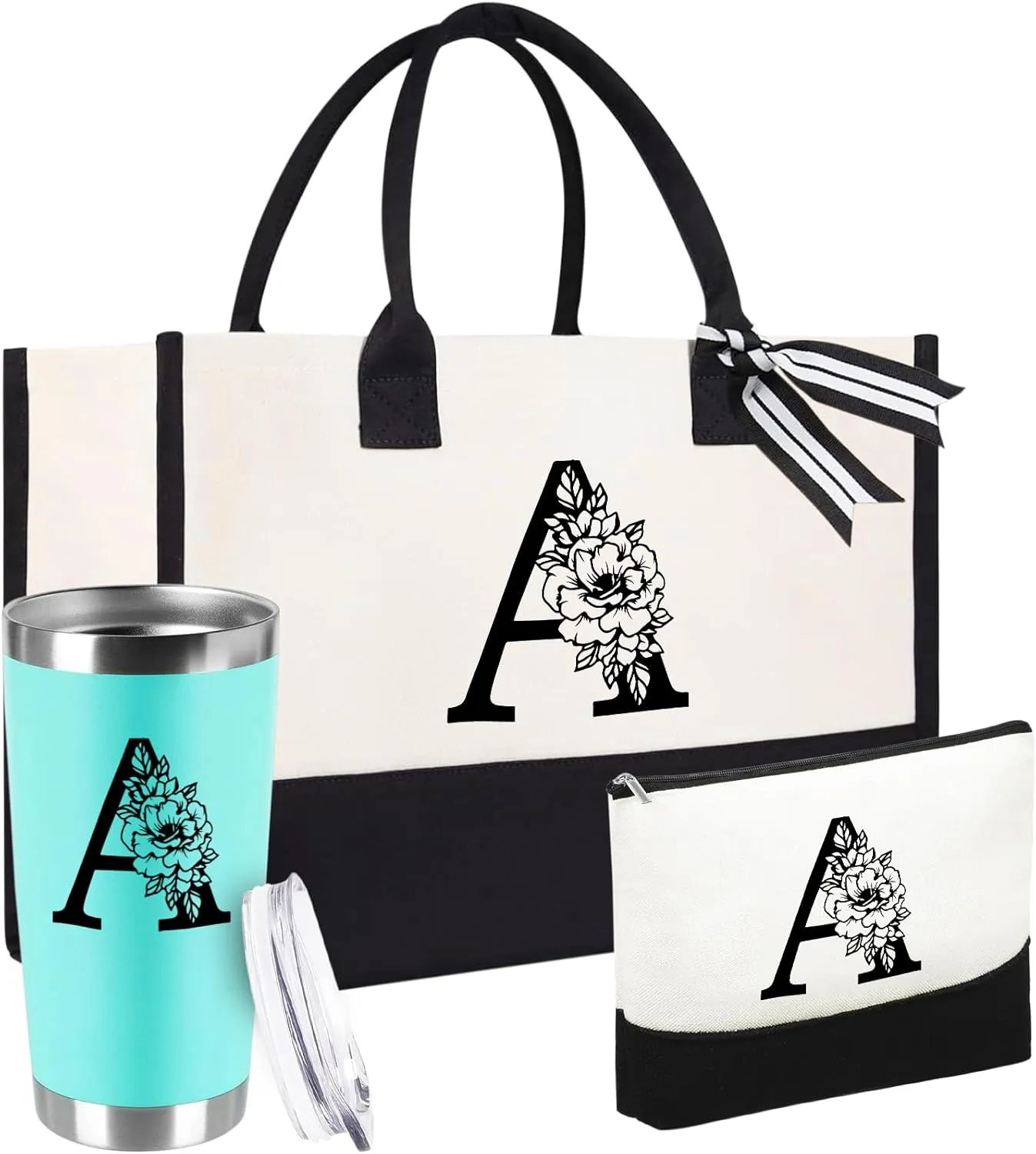 Mother's Day Gifts for Women Her - Initial Canvas Tote Bag & Makeup Bag, Personalized Birthday Gifts for Mom