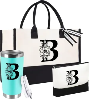 Mother's Day Gifts for Women Her - Initial Canvas Tote Bag & Makeup Bag, Personalized Birthday Gifts for Mom