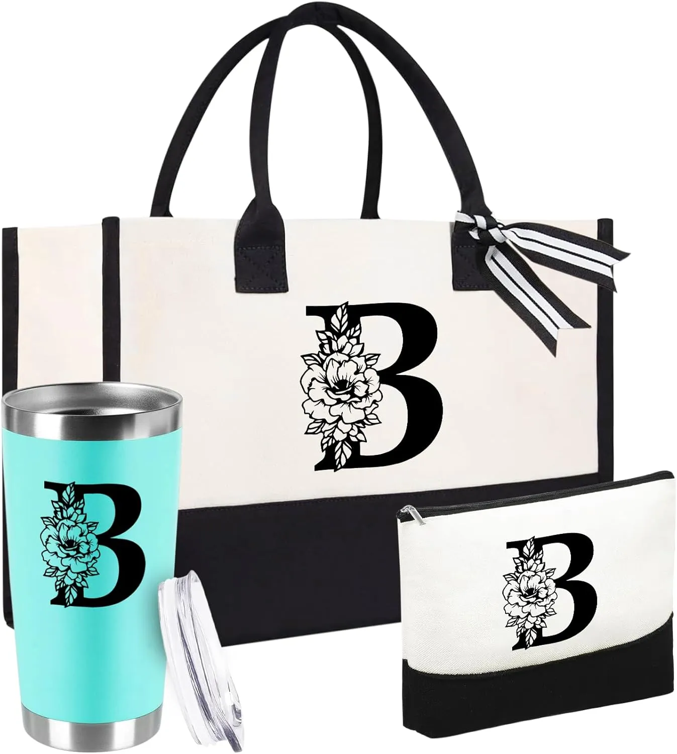 Mother's Day Gifts for Women Her - Initial Canvas Tote Bag & Makeup Bag, Personalized Birthday Gifts for Mom