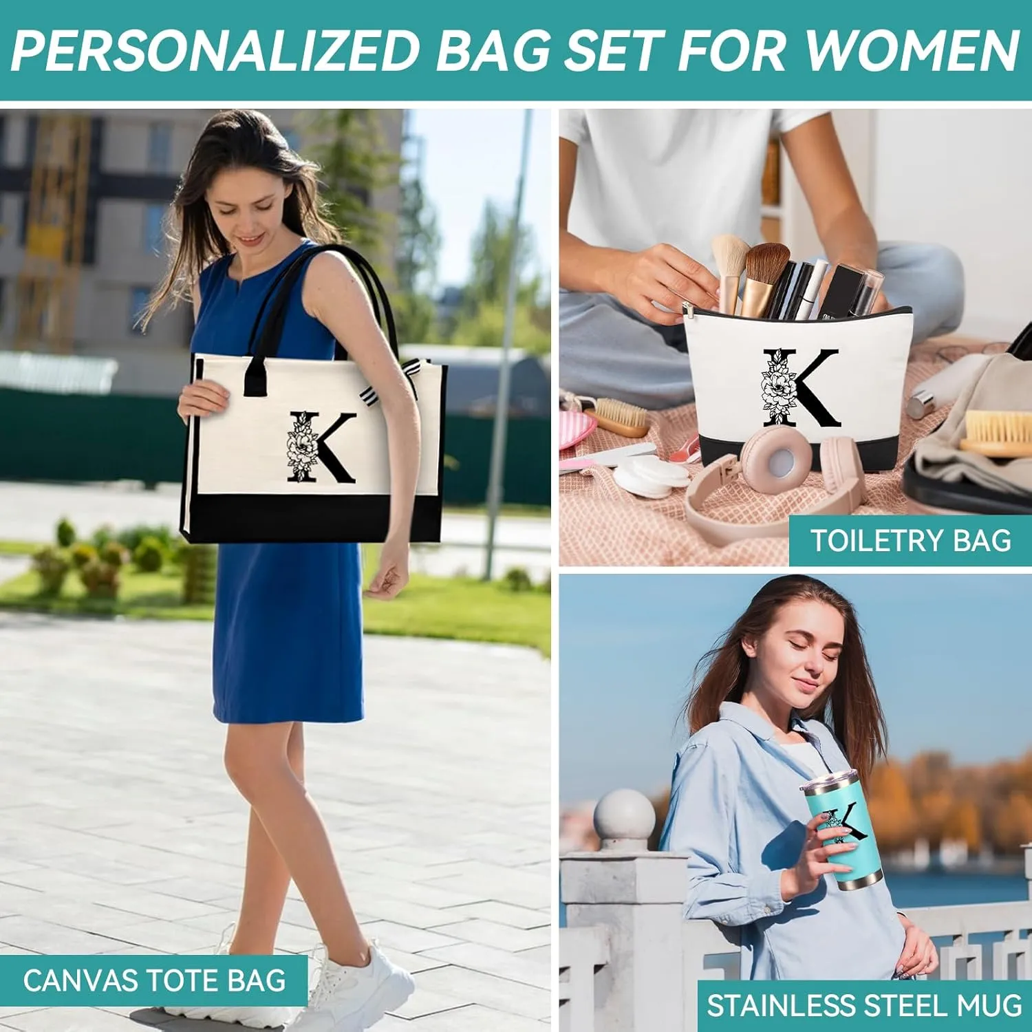 Mother's Day Gifts for Women Her - Initial Canvas Tote Bag & Makeup Bag, Personalized Birthday Gifts for Mom