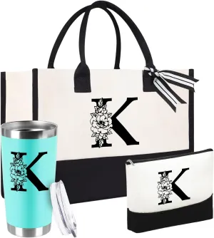 Mother's Day Gifts for Women Her - Initial Canvas Tote Bag & Makeup Bag, Personalized Birthday Gifts for Mom