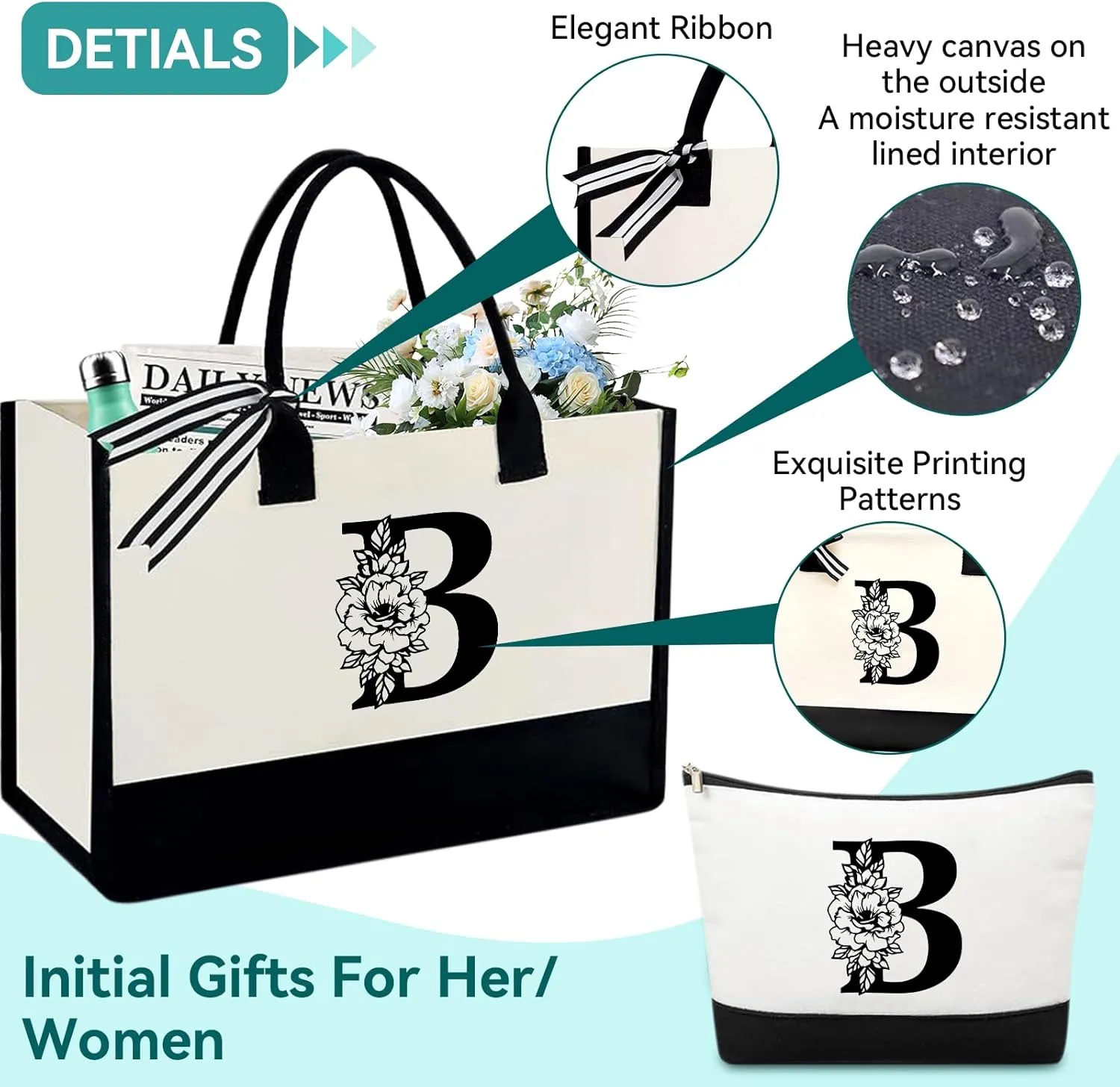 Mother's Day Gifts for Women Her - Initial Canvas Tote Bag & Makeup Bag, Personalized Birthday Gifts for Mom