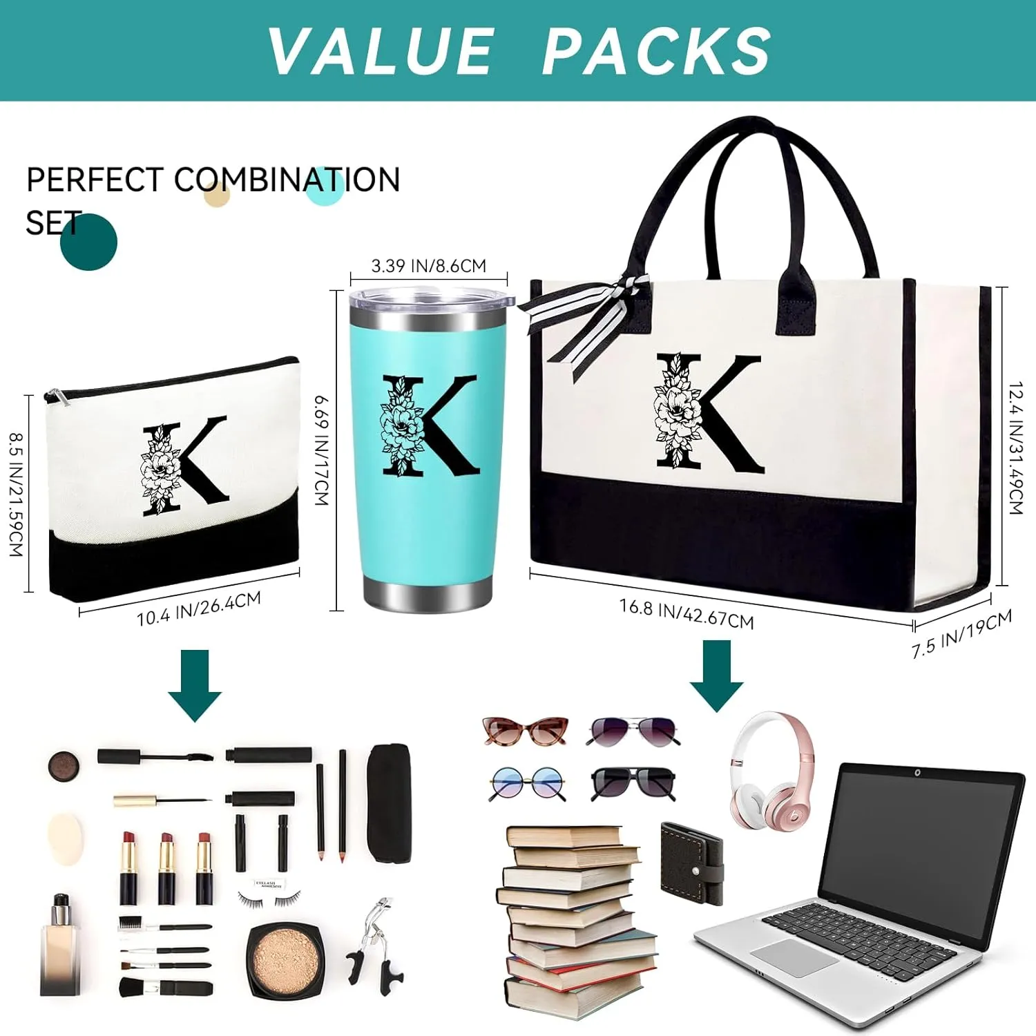 Mother's Day Gifts for Women Her - Initial Canvas Tote Bag & Makeup Bag, Personalized Birthday Gifts for Mom