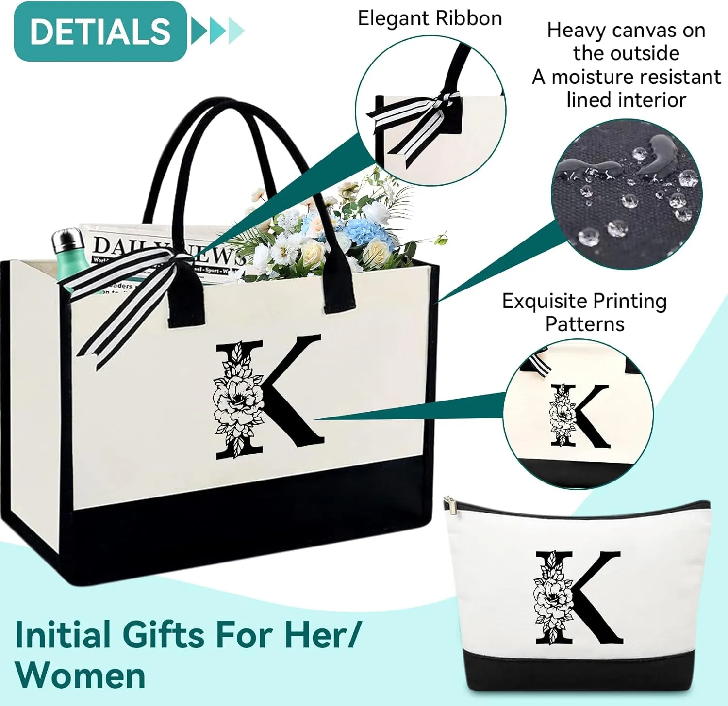 Mother's Day Gifts for Women Her - Initial Canvas Tote Bag & Makeup Bag, Personalized Birthday Gifts for Mom