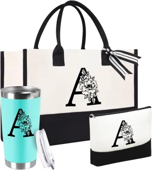 Mother's Day Gifts for Women Her - Initial Canvas Tote Bag & Makeup Bag, Personalized Birthday Gifts for Mom