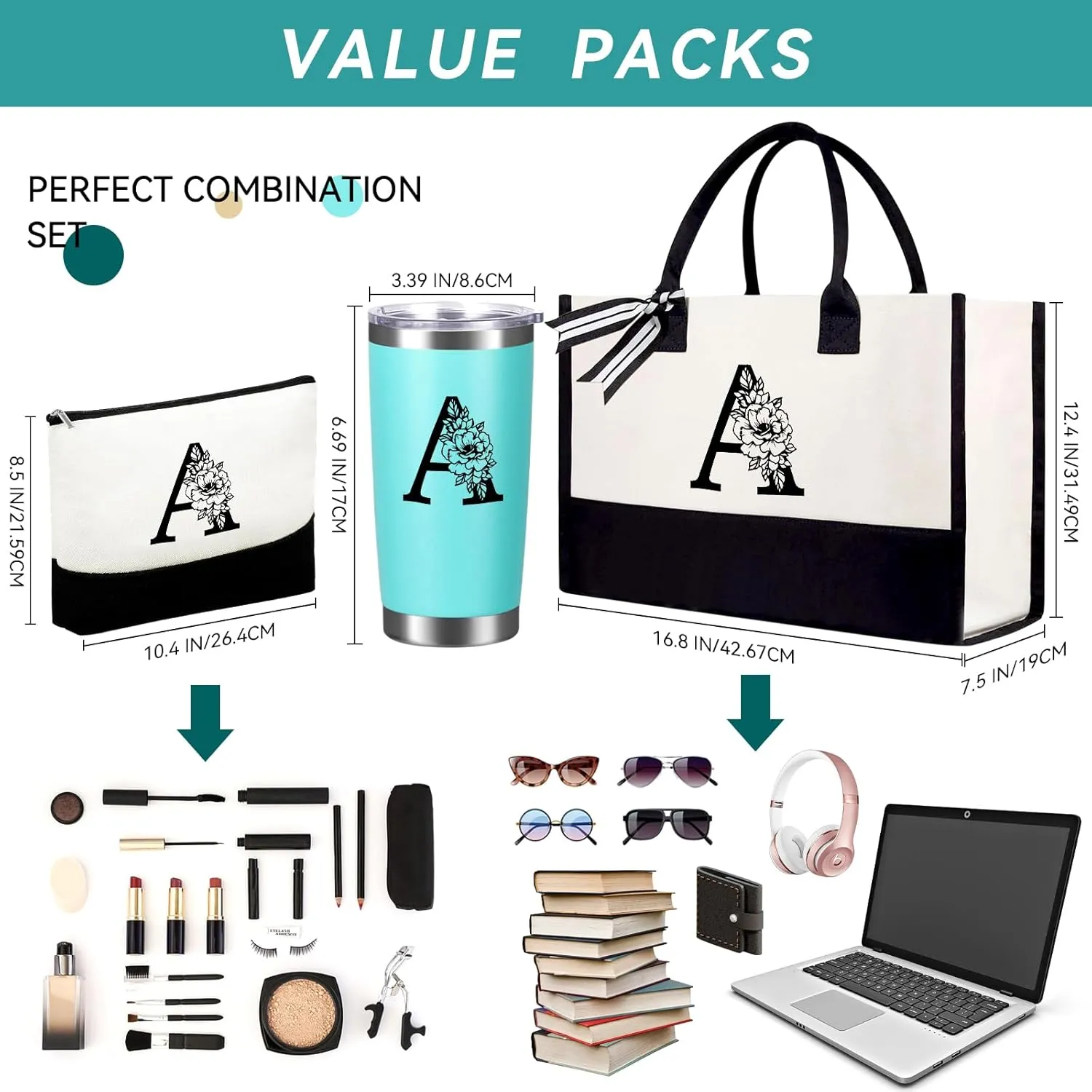 Mother's Day Gifts for Women Her - Initial Canvas Tote Bag & Makeup Bag, Personalized Birthday Gifts for Mom