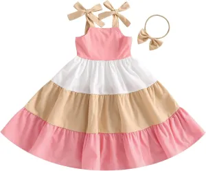 MoZiKQin Toddler Little Baby Girl Dress Suspender Strap Color Block Dresses Princess Beach Summer Sundress with Headband