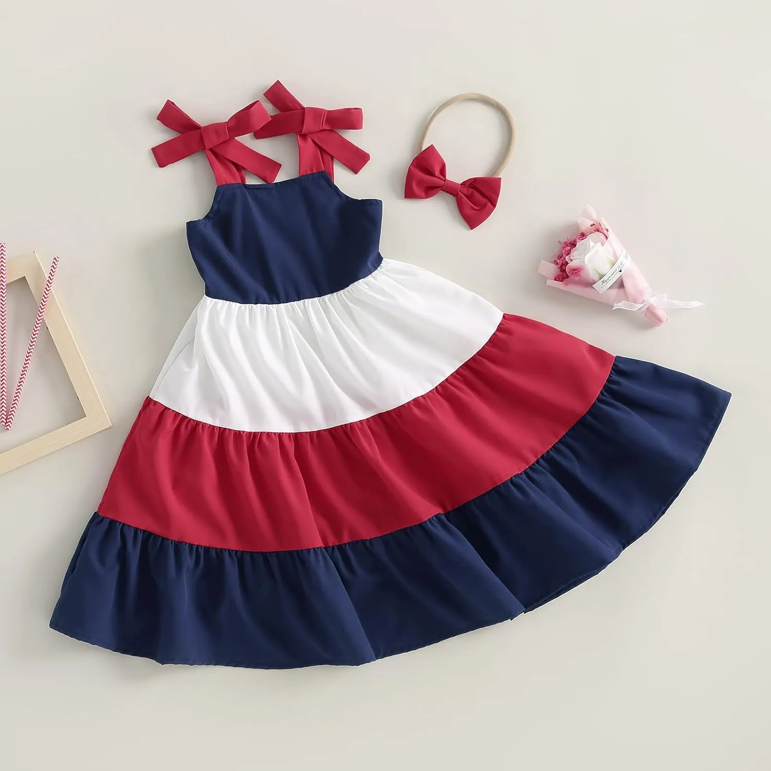 MoZiKQin Toddler Little Baby Girl Dress Suspender Strap Color Block Dresses Princess Beach Summer Sundress with Headband