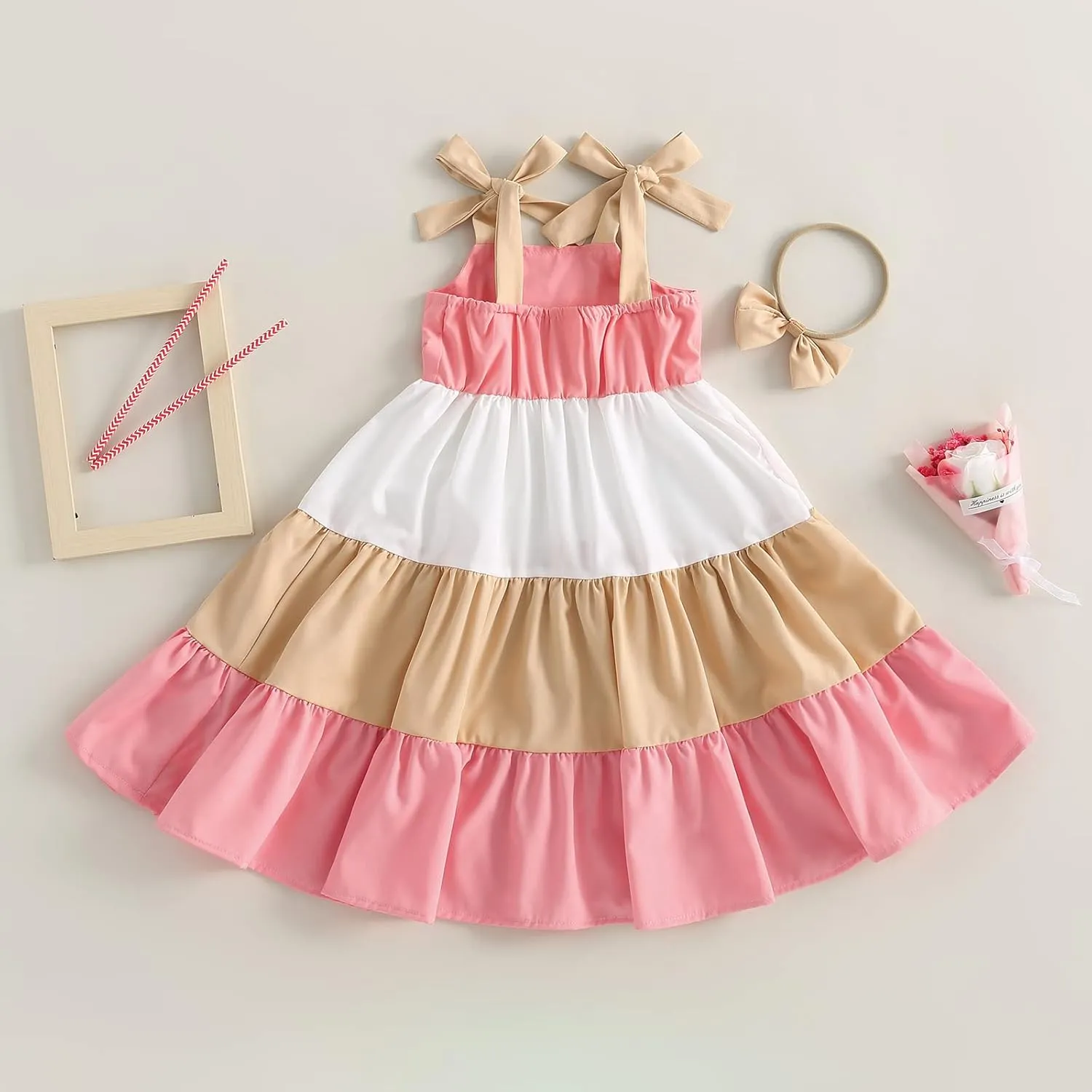 MoZiKQin Toddler Little Baby Girl Dress Suspender Strap Color Block Dresses Princess Beach Summer Sundress with Headband