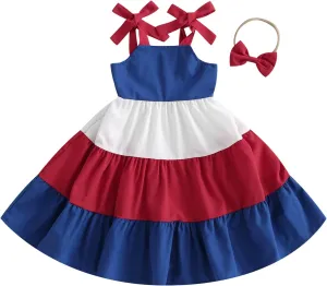 MoZiKQin Toddler Little Baby Girl Dress Suspender Strap Color Block Dresses Princess Beach Summer Sundress with Headband