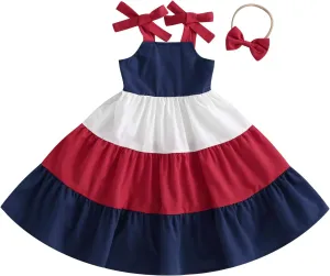MoZiKQin Toddler Little Baby Girl Dress Suspender Strap Color Block Dresses Princess Beach Summer Sundress with Headband