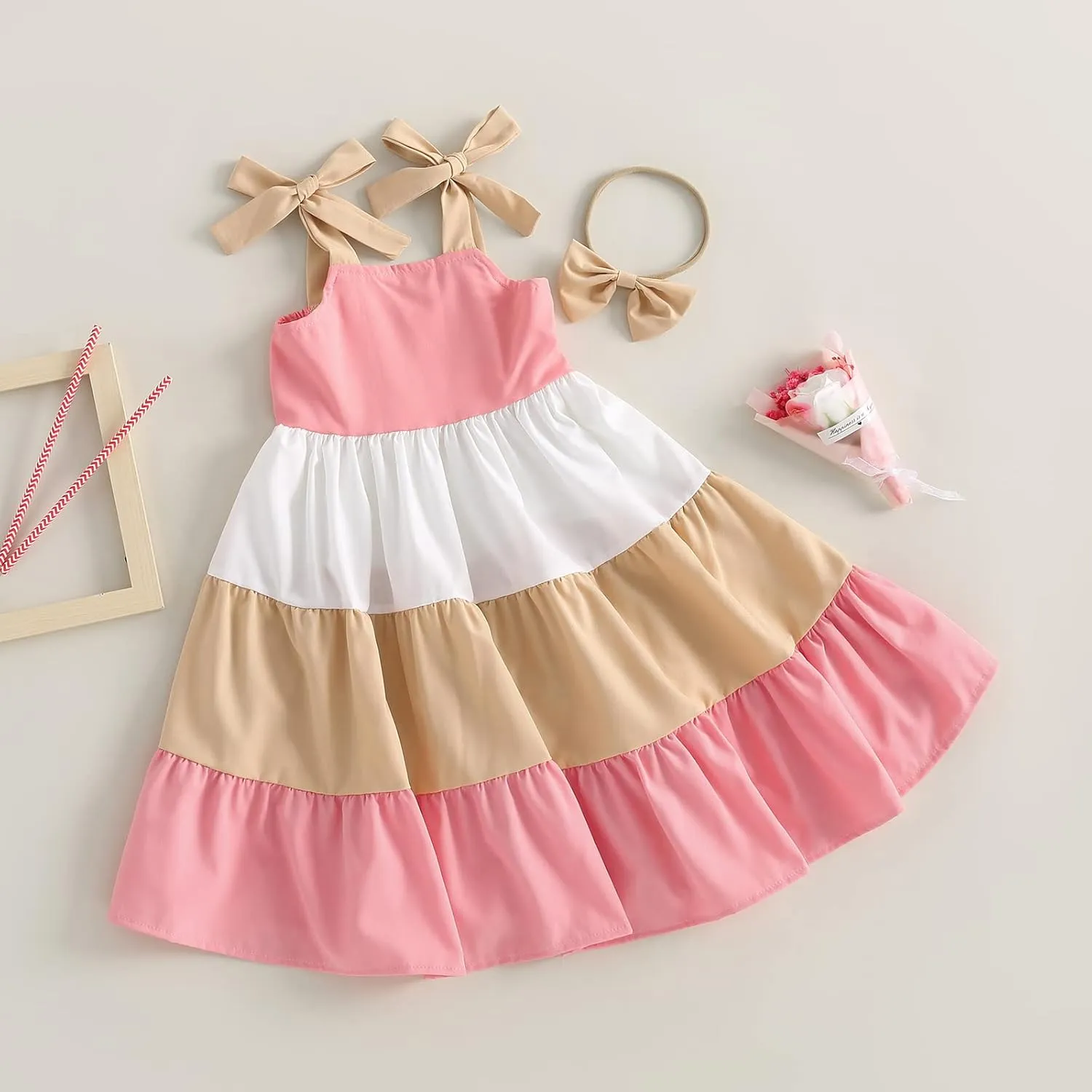 MoZiKQin Toddler Little Baby Girl Dress Suspender Strap Color Block Dresses Princess Beach Summer Sundress with Headband