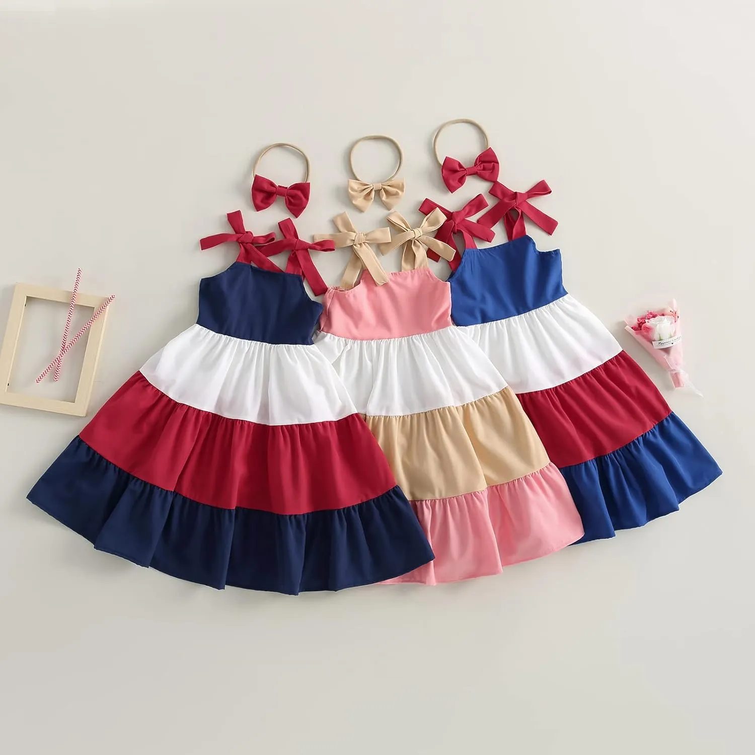 MoZiKQin Toddler Little Baby Girl Dress Suspender Strap Color Block Dresses Princess Beach Summer Sundress with Headband