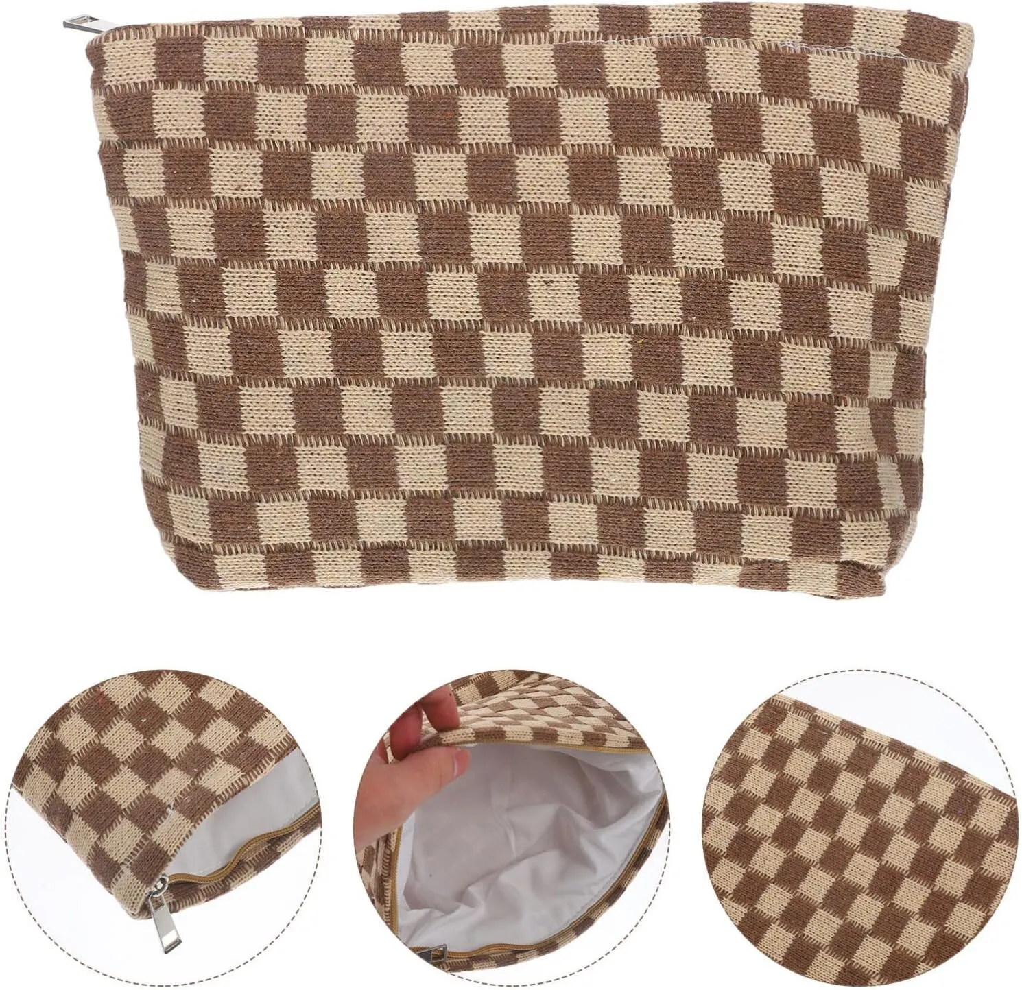 NOLITOY Checkered Makeup Bag Knitting Fabric Cosmetic Storage Case Toiletry Pouch Zipper Travel Organizer for Shampoo Shower Gel Toothbrush Holder Khaki