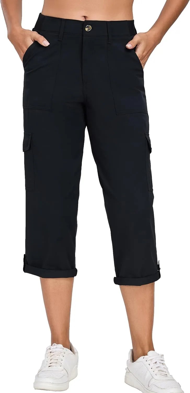 Oalka Women's Cargo Capri Pants Relaxed Fit Knit Waist Cropped Pant Casual Hiking Capris