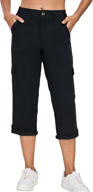 Oalka Women's Cargo Capri Pants Relaxed Fit Knit Waist Cropped Pant Casual Hiking Capris