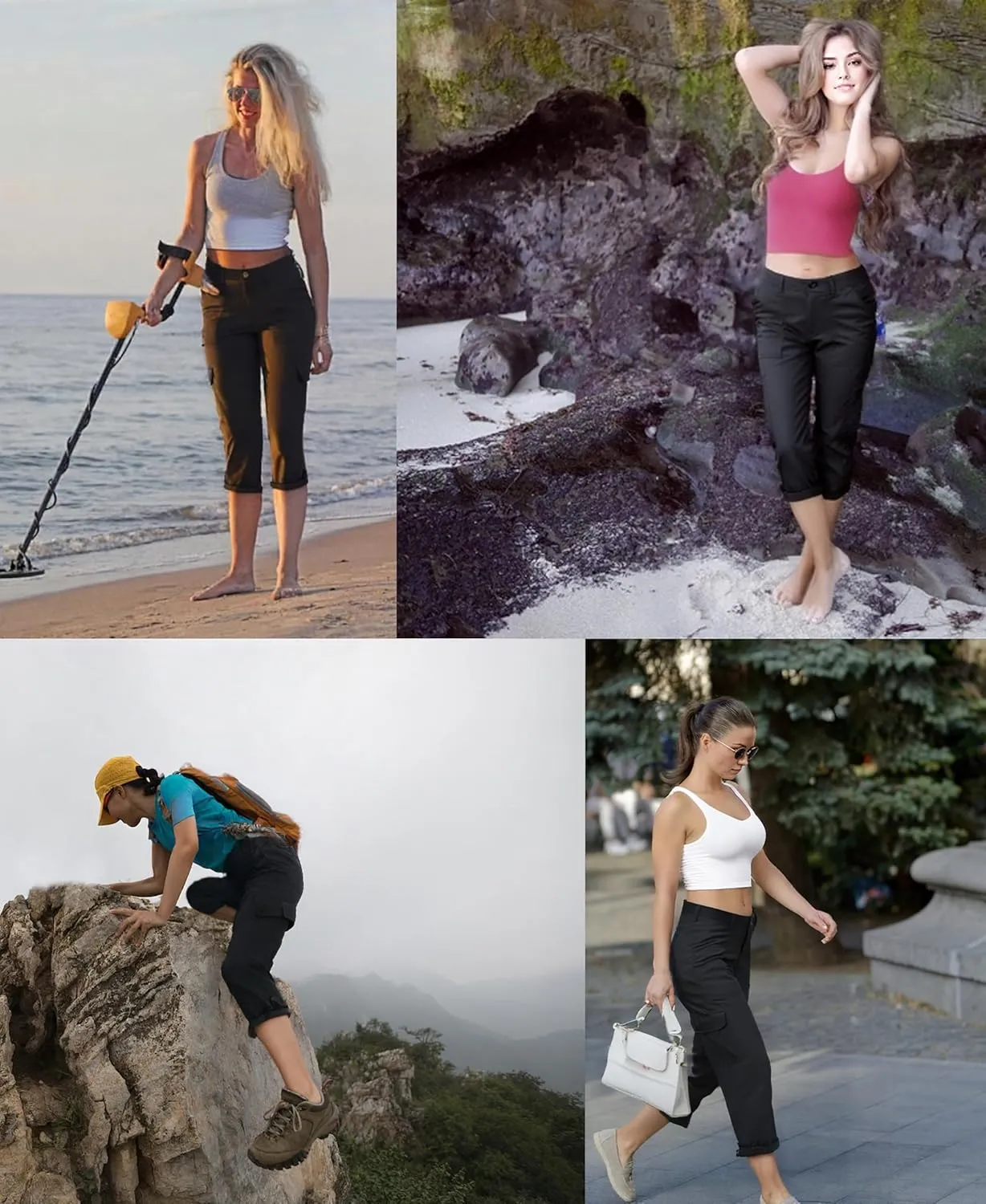 Oalka Women's Cargo Capri Pants Relaxed Fit Knit Waist Cropped Pant Casual Hiking Capris