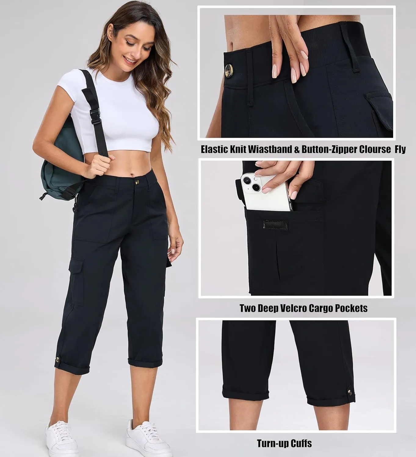 Oalka Women's Cargo Capri Pants Relaxed Fit Knit Waist Cropped Pant Casual Hiking Capris