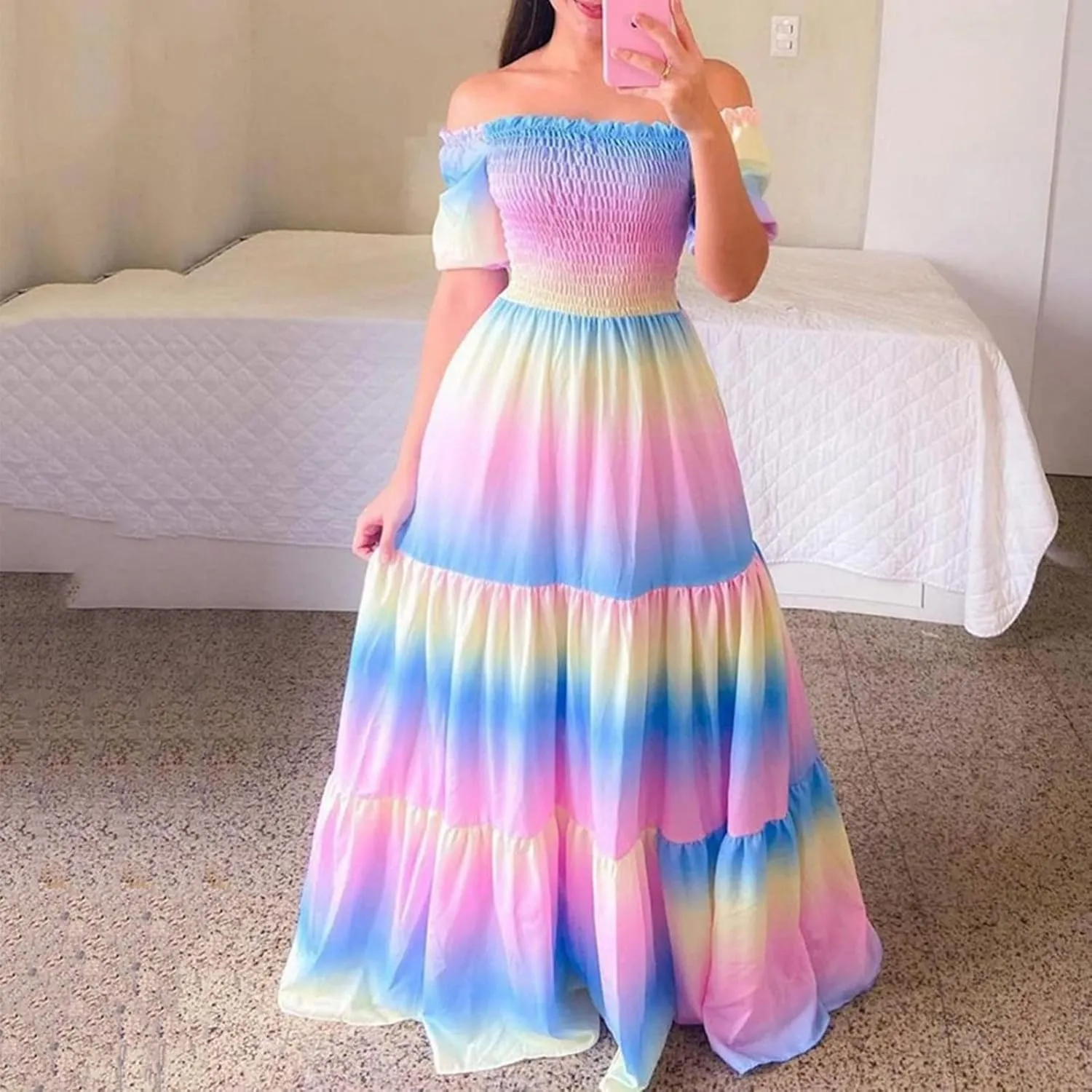 Off Shoulder Dresses for Women,Elegant Tie Dye Print Smocked Sexy Short Sleeve Long Dress Plus Size Flowy Maxi Dress