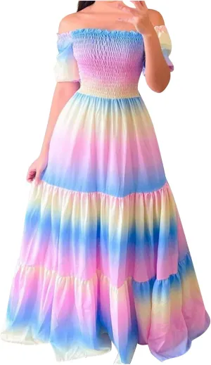 Off Shoulder Dresses for Women,Elegant Tie Dye Print Smocked Sexy Short Sleeve Long Dress Plus Size Flowy Maxi Dress