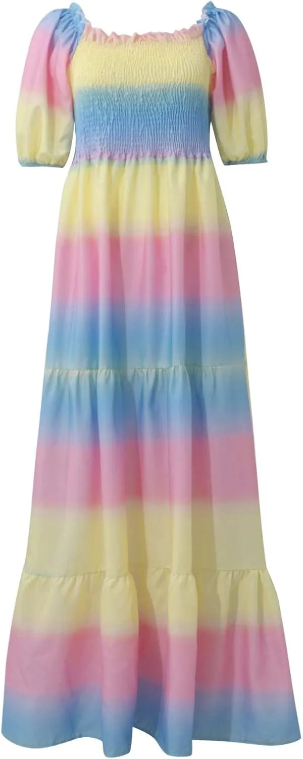 Off Shoulder Dresses for Women,Elegant Tie Dye Print Smocked Sexy Short Sleeve Long Dress Plus Size Flowy Maxi Dress