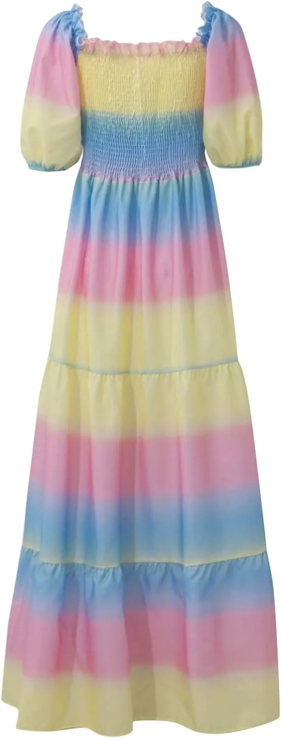 Off Shoulder Dresses for Women,Elegant Tie Dye Print Smocked Sexy Short Sleeve Long Dress Plus Size Flowy Maxi Dress