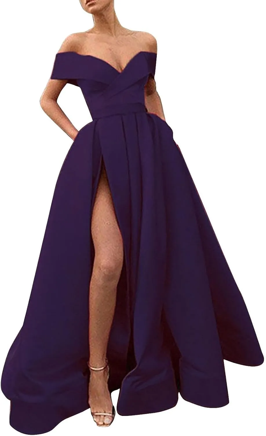 Off Shoulder Long Slit Prom Dresses for Women A-Line Backless Satin Formal Evening Party Gown with Pockets