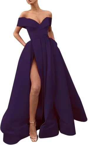 Off Shoulder Long Slit Prom Dresses for Women A-Line Backless Satin Formal Evening Party Gown with Pockets