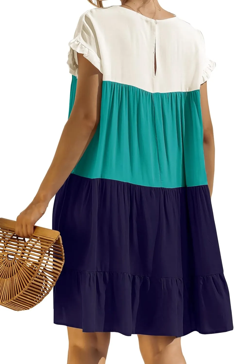 OMZIN Women Ruffle Short Sleeve Crewneck Dresses Summer Color Block Layered Dress Casual A-line Beach Dress