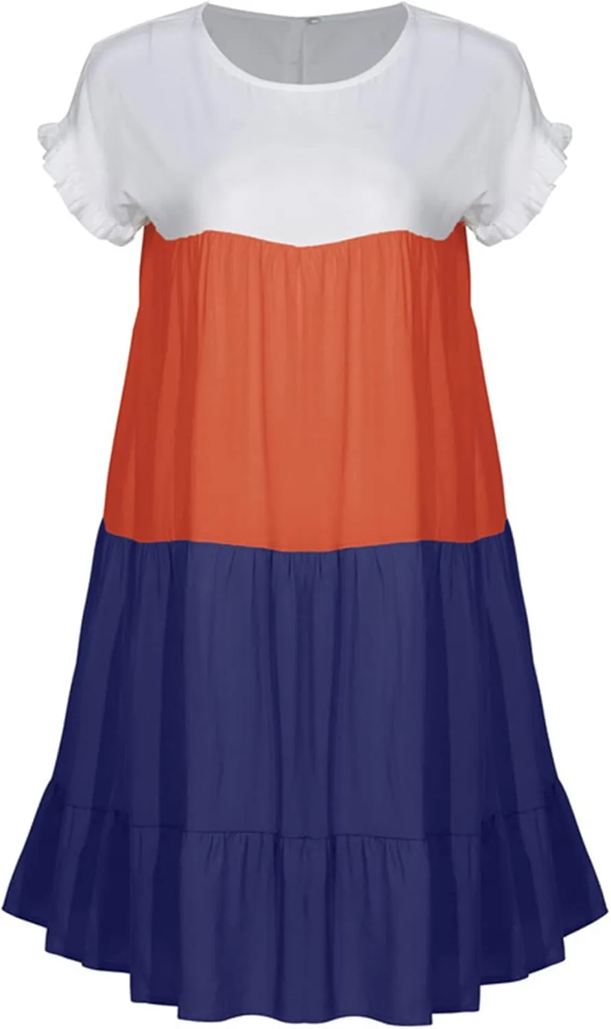 OMZIN Women Ruffle Short Sleeve Crewneck Dresses Summer Color Block Layered Dress Casual A-line Beach Dress