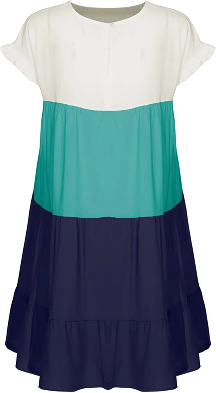 OMZIN Women Ruffle Short Sleeve Crewneck Dresses Summer Color Block Layered Dress Casual A-line Beach Dress