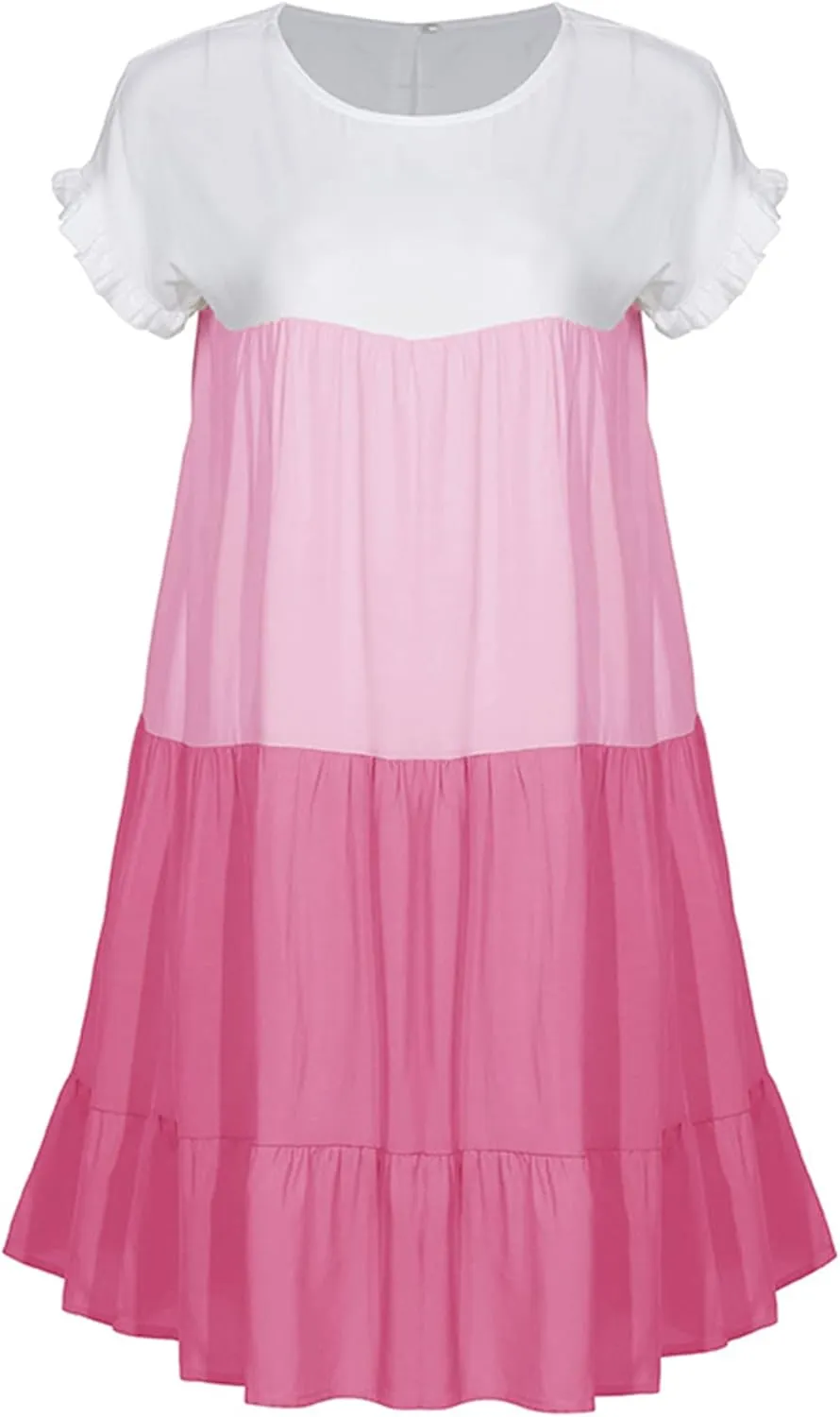 OMZIN Women Ruffle Short Sleeve Crewneck Dresses Summer Color Block Layered Dress Casual A-line Beach Dress