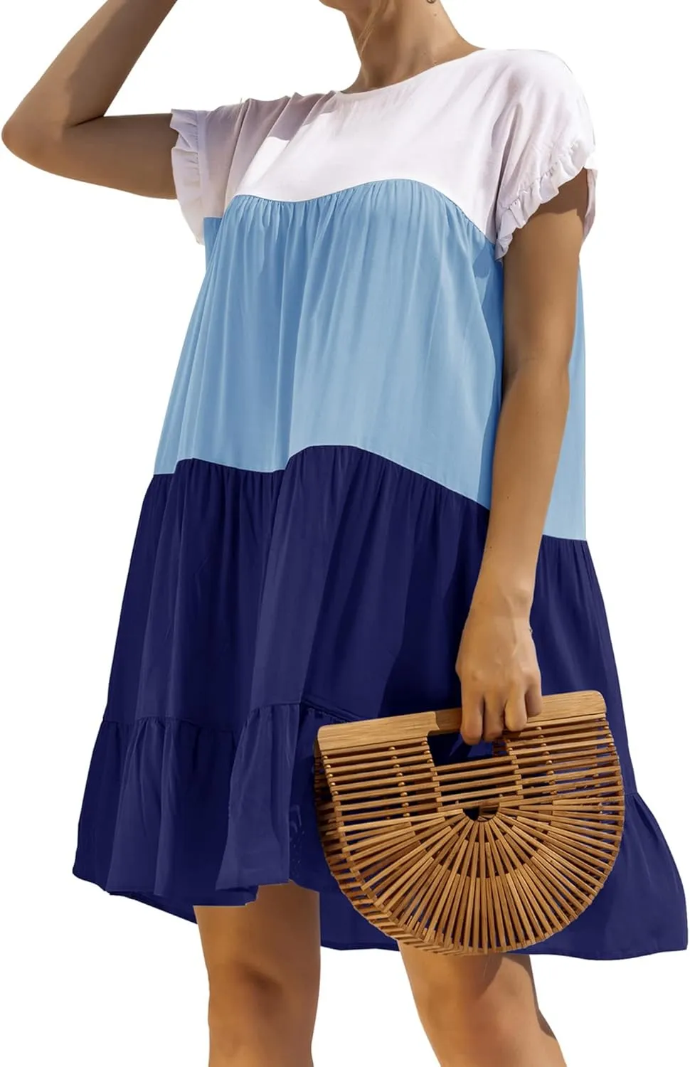 OMZIN Women Ruffle Short Sleeve Crewneck Dresses Summer Color Block Layered Dress Casual A-line Beach Dress