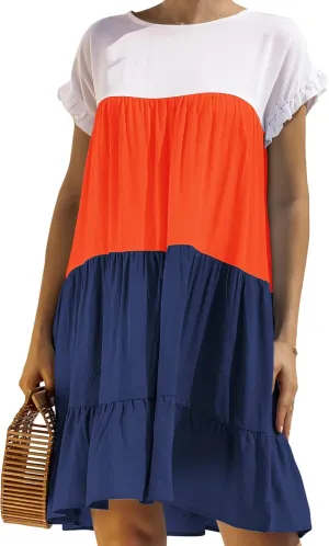 OMZIN Women Ruffle Short Sleeve Crewneck Dresses Summer Color Block Layered Dress Casual A-line Beach Dress