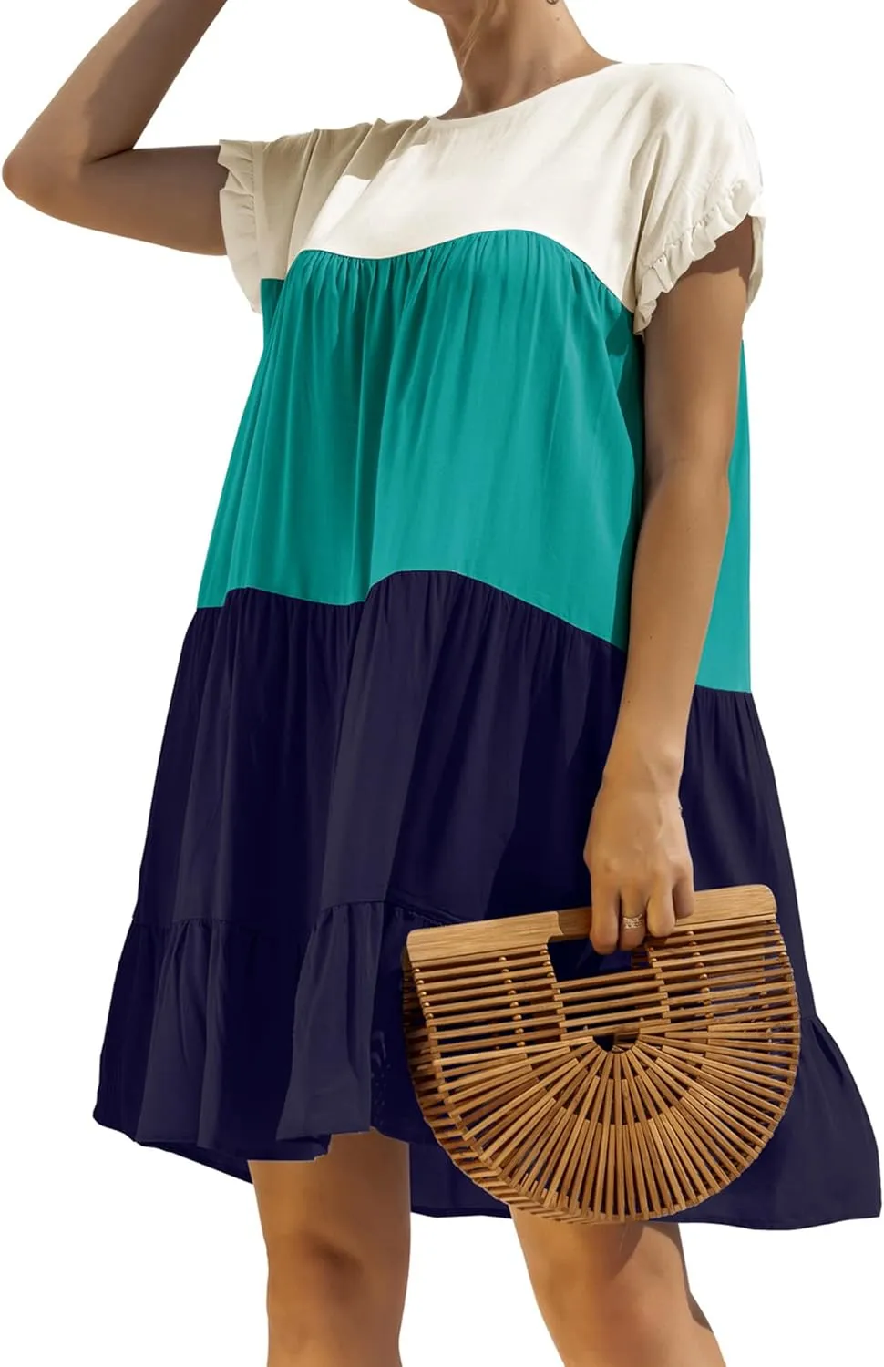 OMZIN Women Ruffle Short Sleeve Crewneck Dresses Summer Color Block Layered Dress Casual A-line Beach Dress