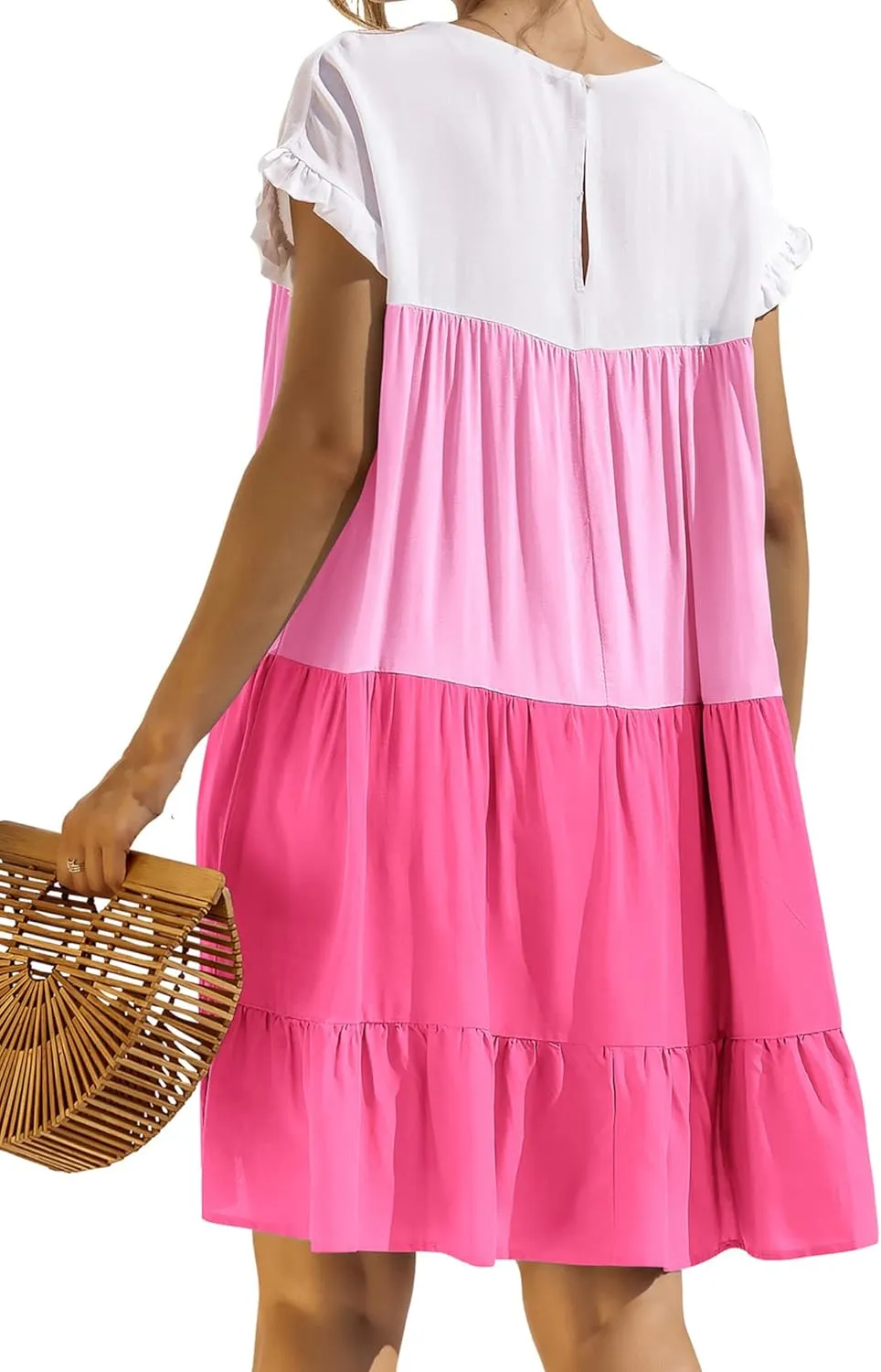 OMZIN Women Ruffle Short Sleeve Crewneck Dresses Summer Color Block Layered Dress Casual A-line Beach Dress