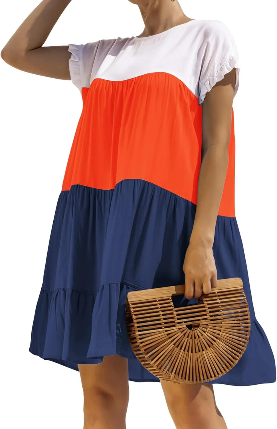 OMZIN Women Ruffle Short Sleeve Crewneck Dresses Summer Color Block Layered Dress Casual A-line Beach Dress