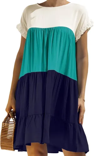 OMZIN Women Ruffle Short Sleeve Crewneck Dresses Summer Color Block Layered Dress Casual A-line Beach Dress