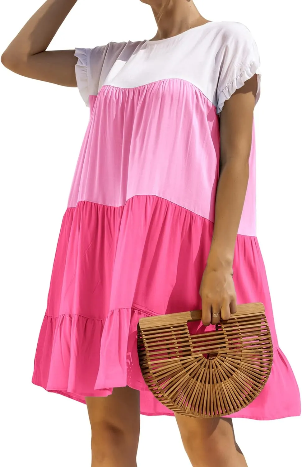 OMZIN Women Ruffle Short Sleeve Crewneck Dresses Summer Color Block Layered Dress Casual A-line Beach Dress