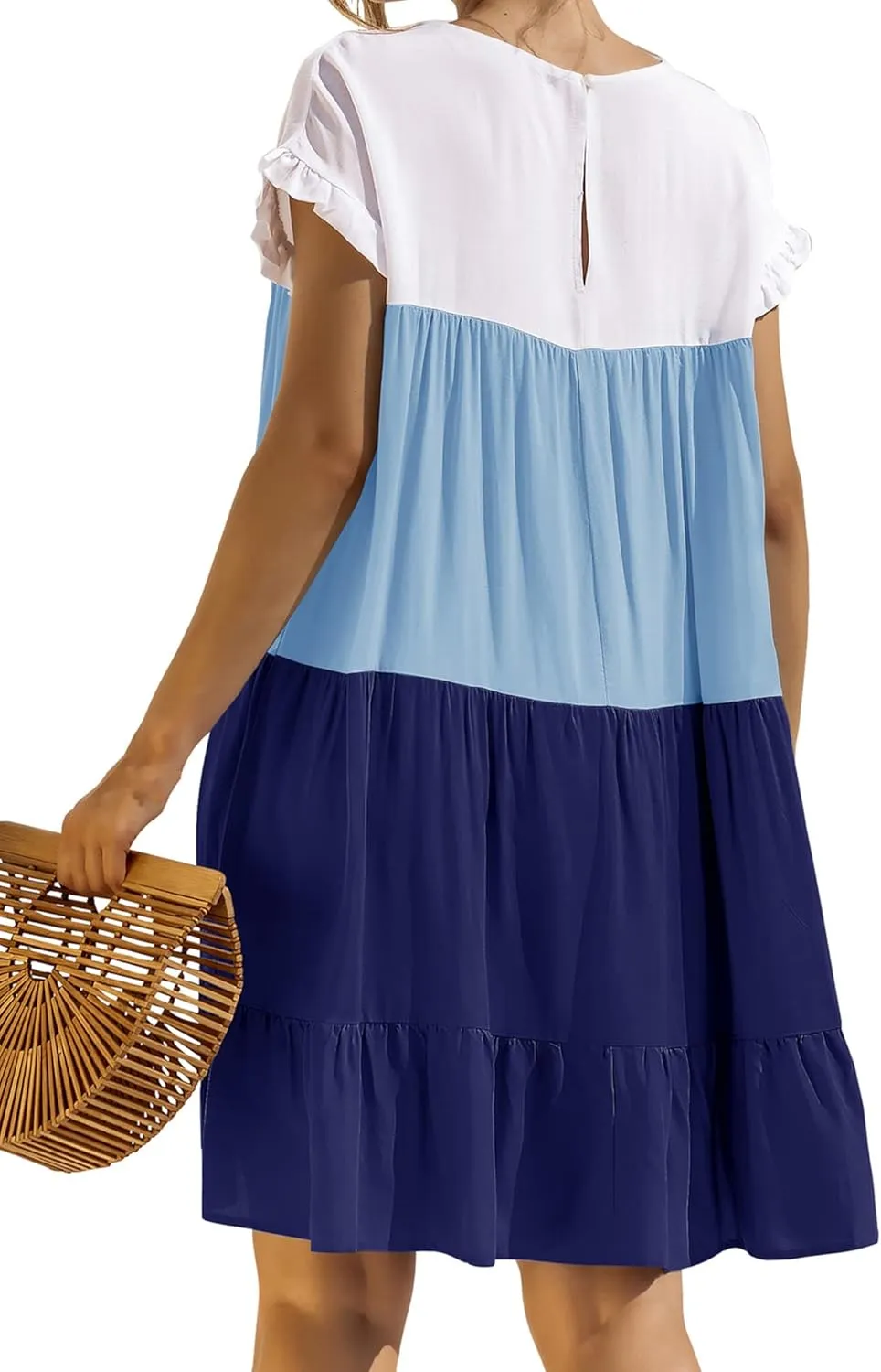 OMZIN Women Ruffle Short Sleeve Crewneck Dresses Summer Color Block Layered Dress Casual A-line Beach Dress