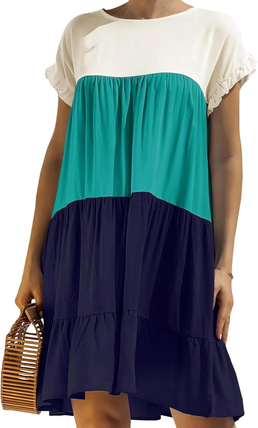 OMZIN Women Ruffle Short Sleeve Crewneck Dresses Summer Color Block Layered Dress Casual A-line Beach Dress