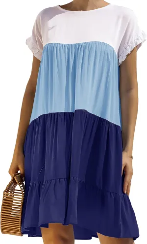OMZIN Women Ruffle Short Sleeve Crewneck Dresses Summer Color Block Layered Dress Casual A-line Beach Dress