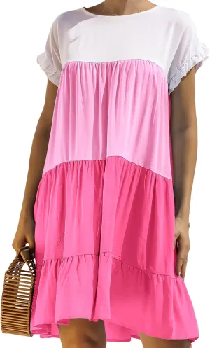 OMZIN Women Ruffle Short Sleeve Crewneck Dresses Summer Color Block Layered Dress Casual A-line Beach Dress