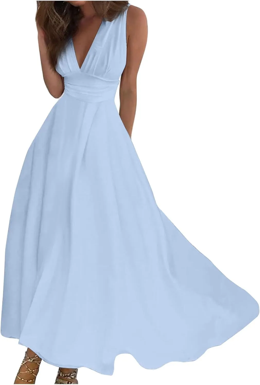 Palaver Summer Dresses for Women 2025 Elegant Wrap V Neck Sleeveless Maxi Dress Print Flowy Beach Vacation Sundresses